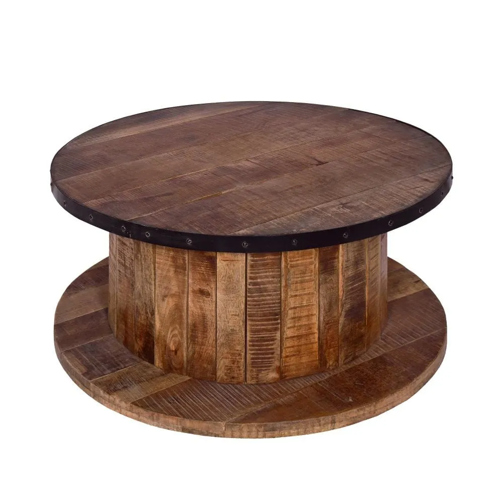36 Inch Mango Wood Farmhouse Coffee Table with Rustic Plank Style Round Top and Base, Walnut and Natural Brown By The Urban Port
