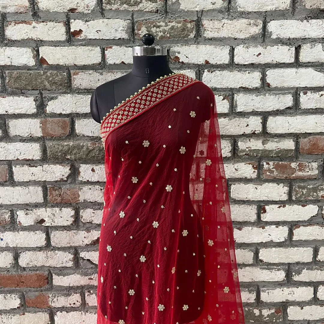 Bridal Red Jewel Embroidered Sequin Net Dupatta