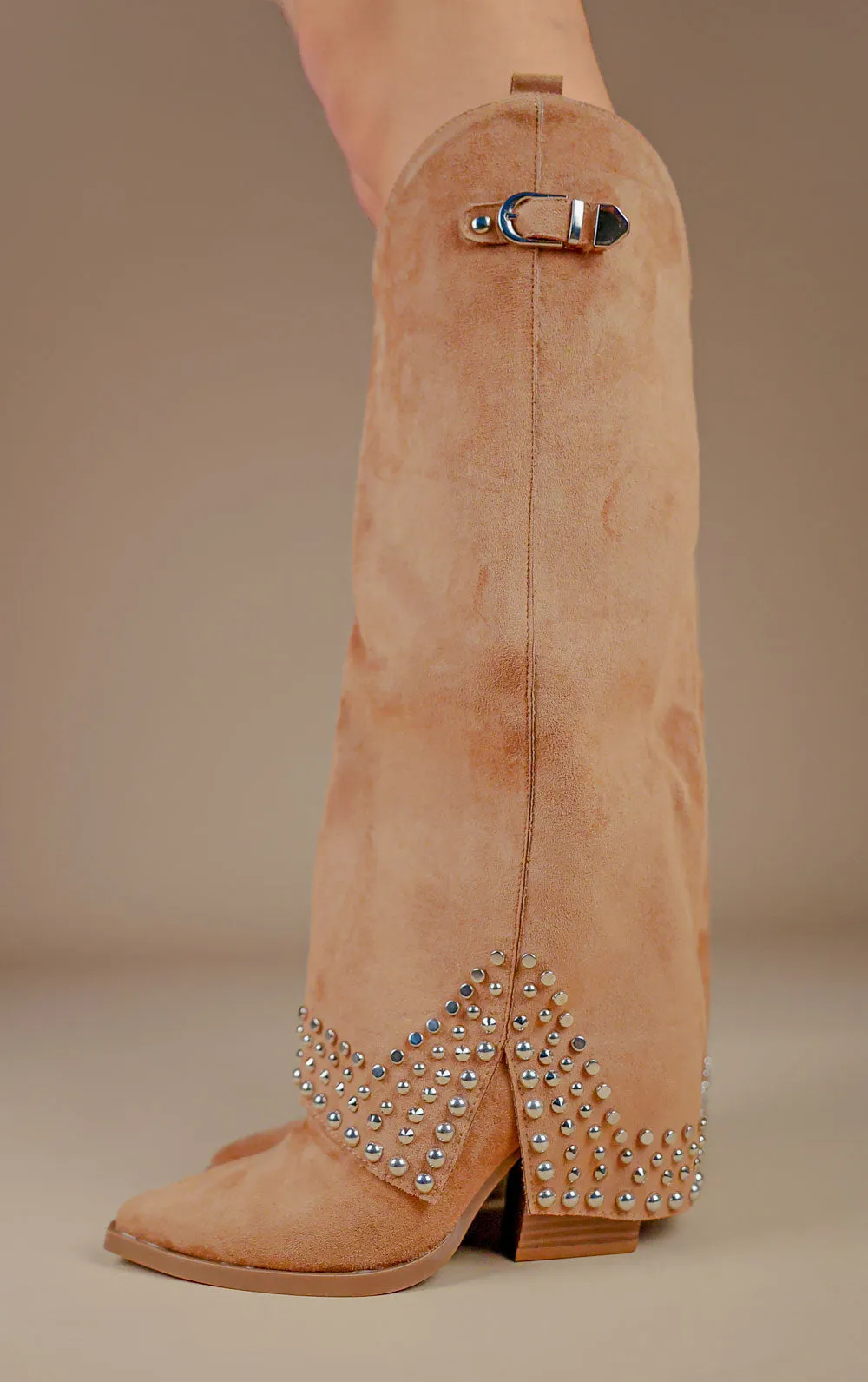 Camel Faux Suede Buckle Knee High Studded Shark Boots