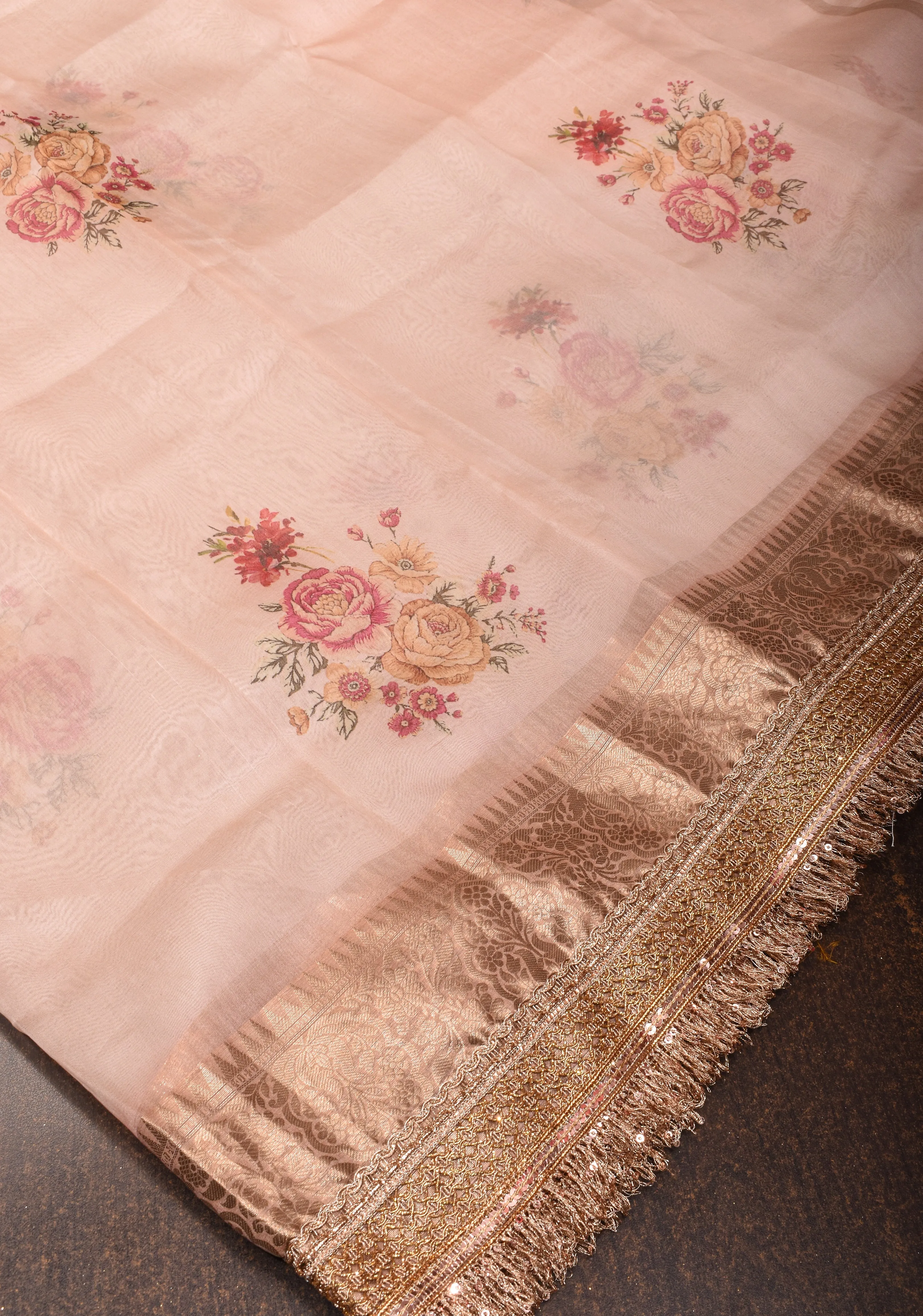 Cavern Pink Pure Organza Silk Saree with Floral Digital Print and Lace Trim Border | SILK MARK CERTIFIED