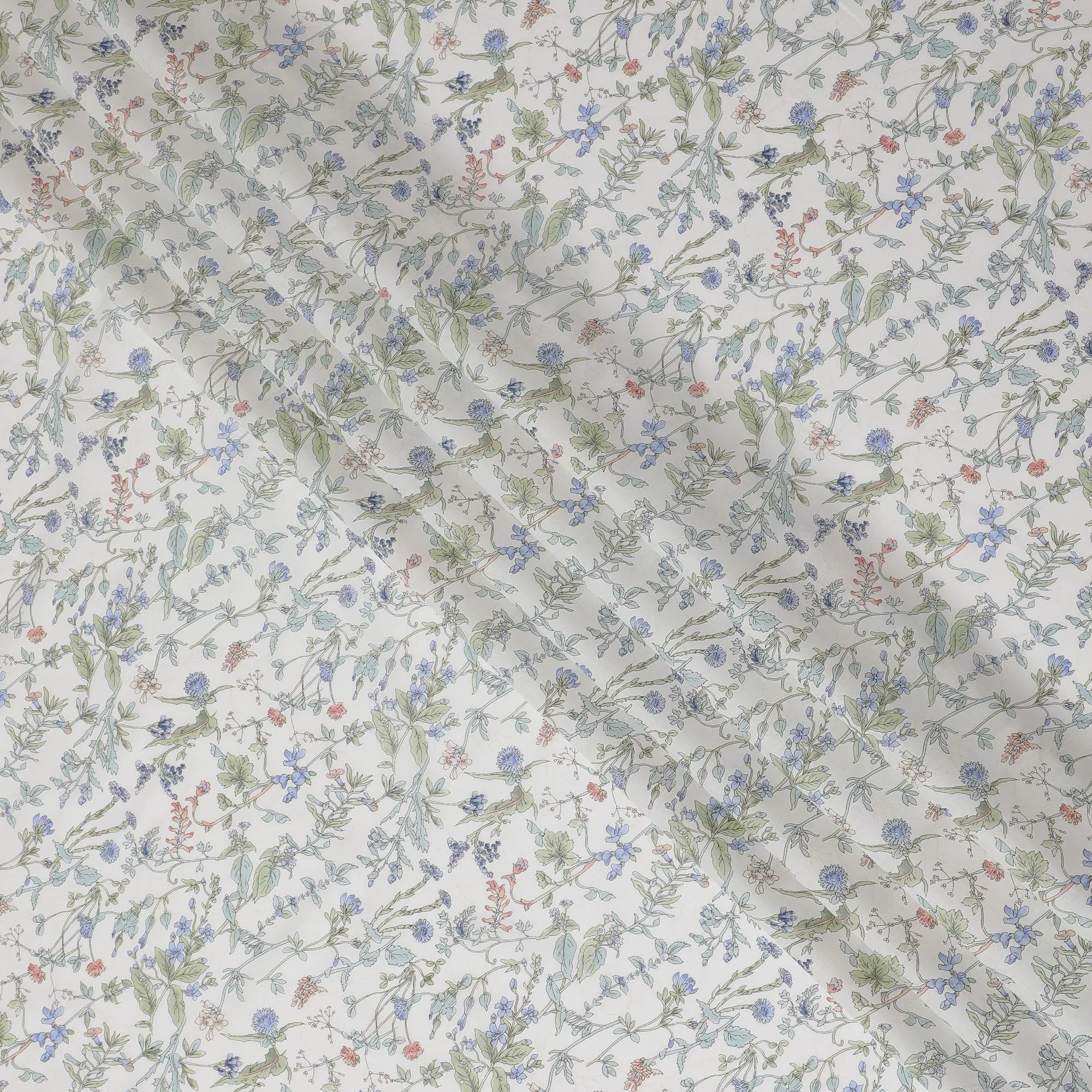 Elegant White Floral Cotton Lawn Fabric with Blue and Green Blossoms, 110 cm Wide, Japanese Design-D19560