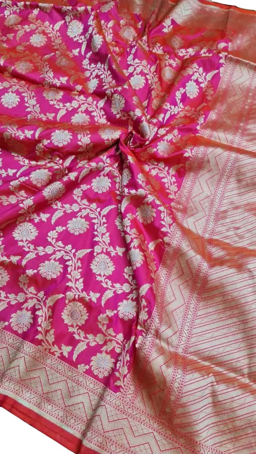 Exquisite Pink Banarasi Handloom Katan Silk Sona Roopa Saree