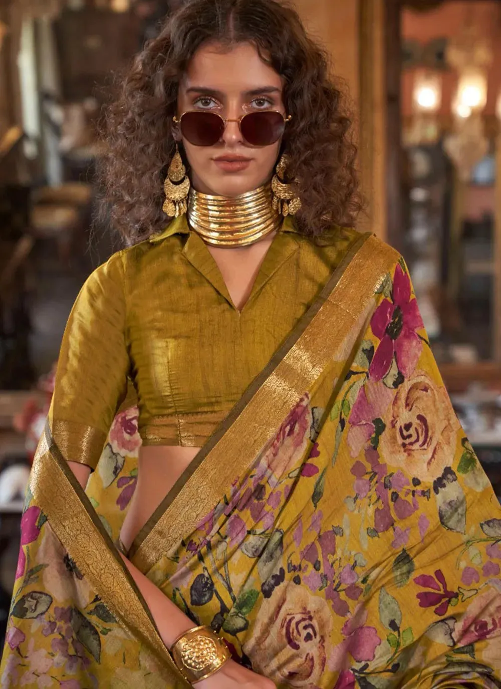 Mesmerizing Mustard Digital Printed Viscos Soft Silk Saree