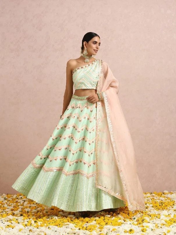 Mint Green & Peach Embroidered One Shoulder Silk Lehenga Set (Set of 3)