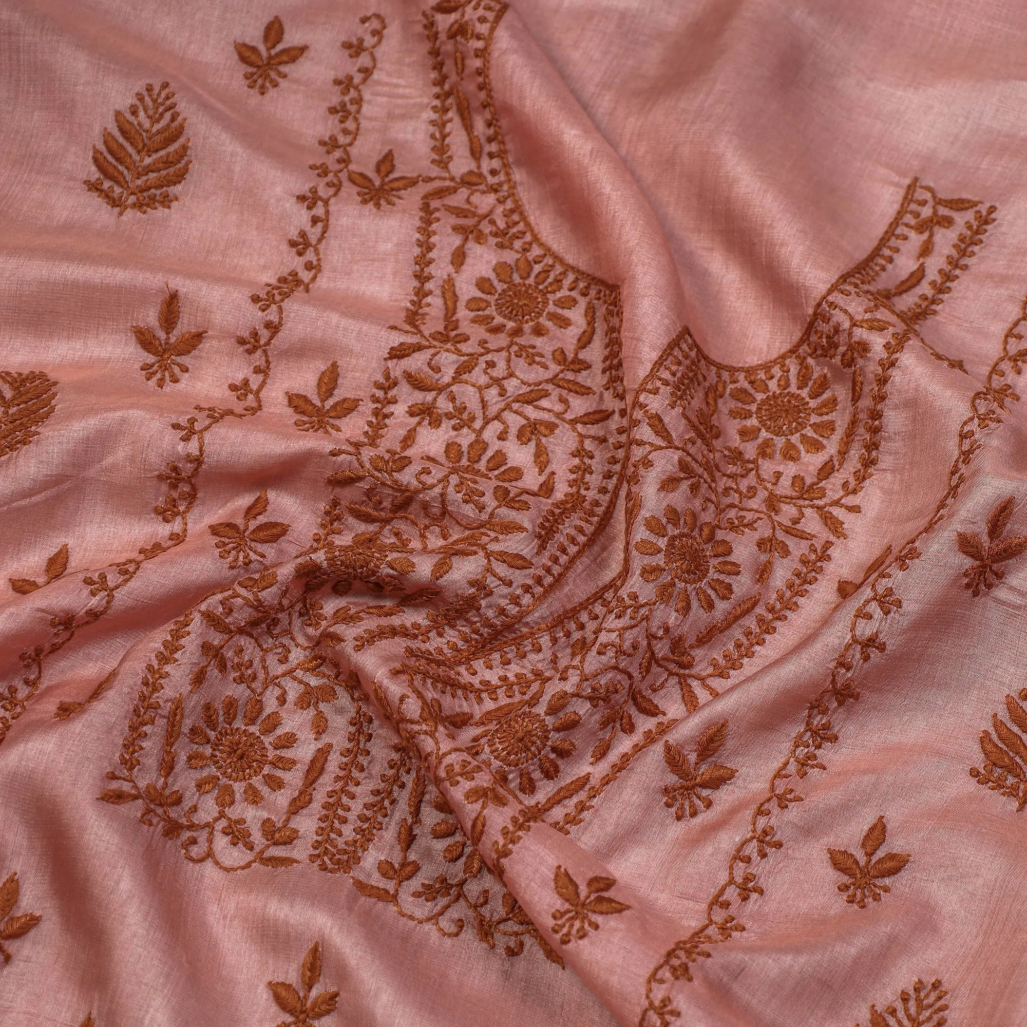 Pink - Lucknow Chikankari Hand Embroidery Tussar Silk Handloom Kurta Material - 2.85 Meter