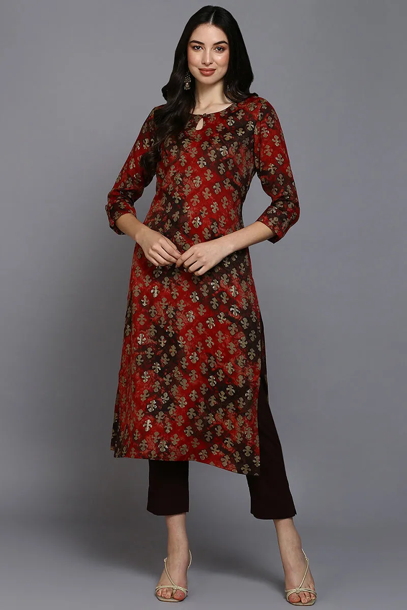 Red Silk Blend Ethnic Motifs Straight Kurta