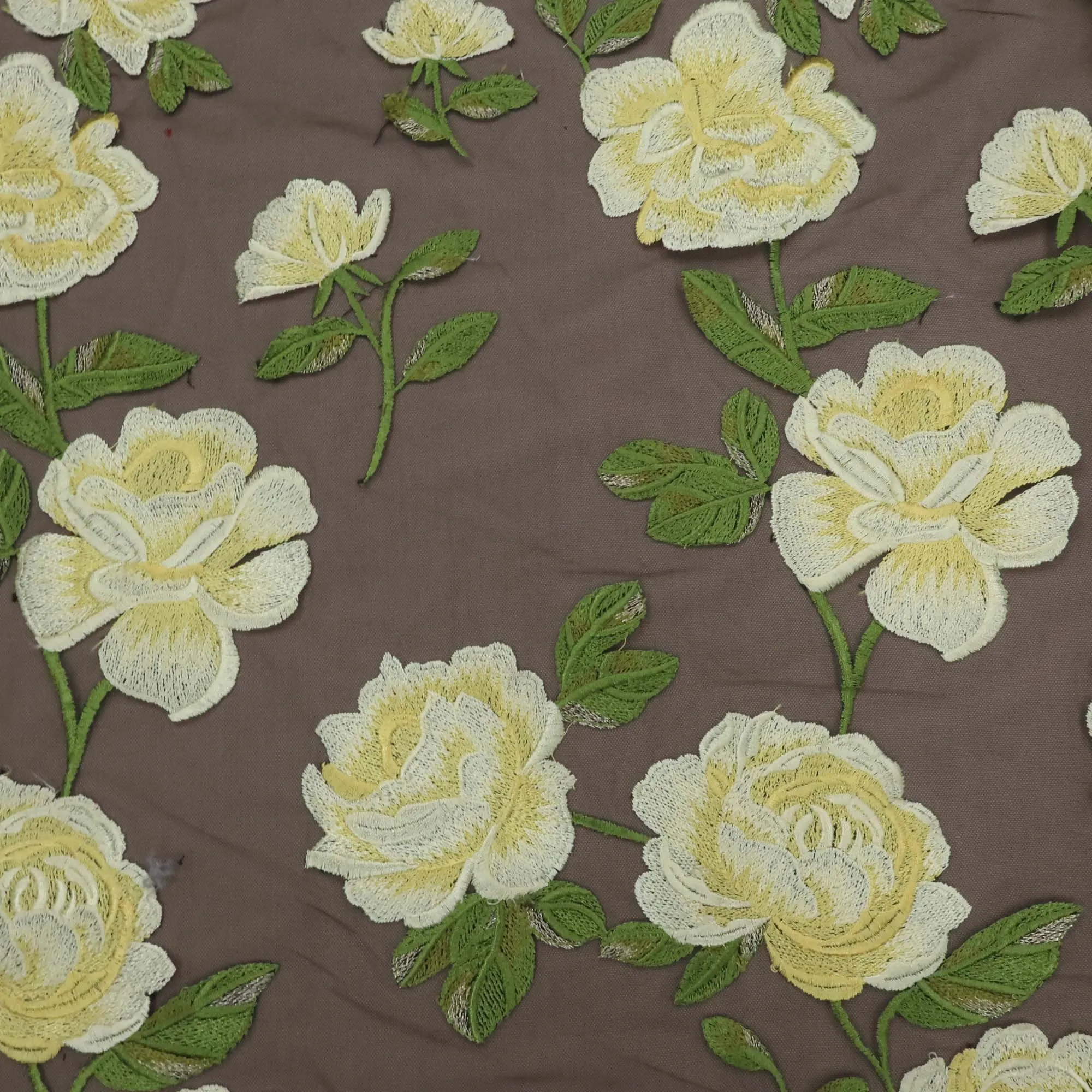 Yellow Floral Embroidered Tulle Fabric